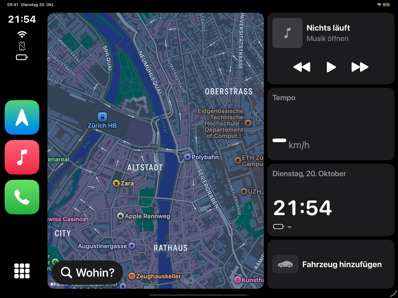 CarBoard auf dem iPad: Karte, Musik und Dock im CarPlay-Stil